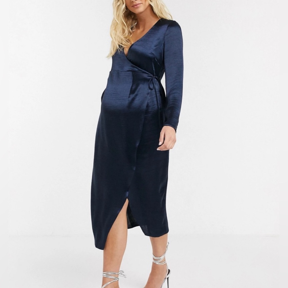 ASOS DESIGN Maternity wrap midi dress in high shine Navy satin Size 2 NWT